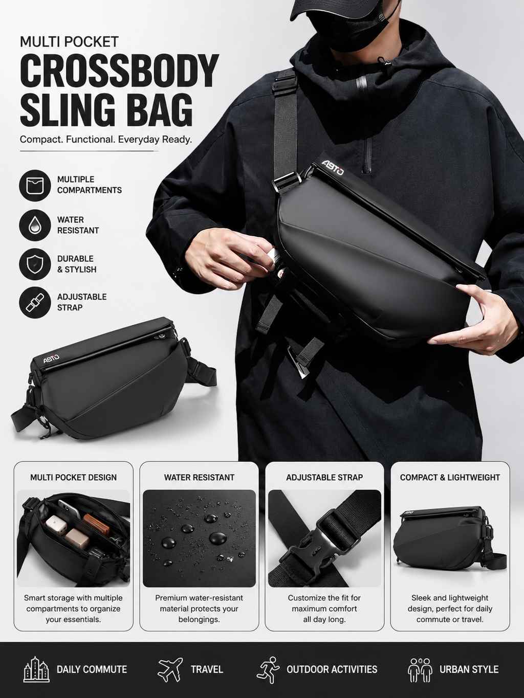 Multi Pockets Shoulder Bag - Sling Bag Crossbody Motorcycle Backpack for Men