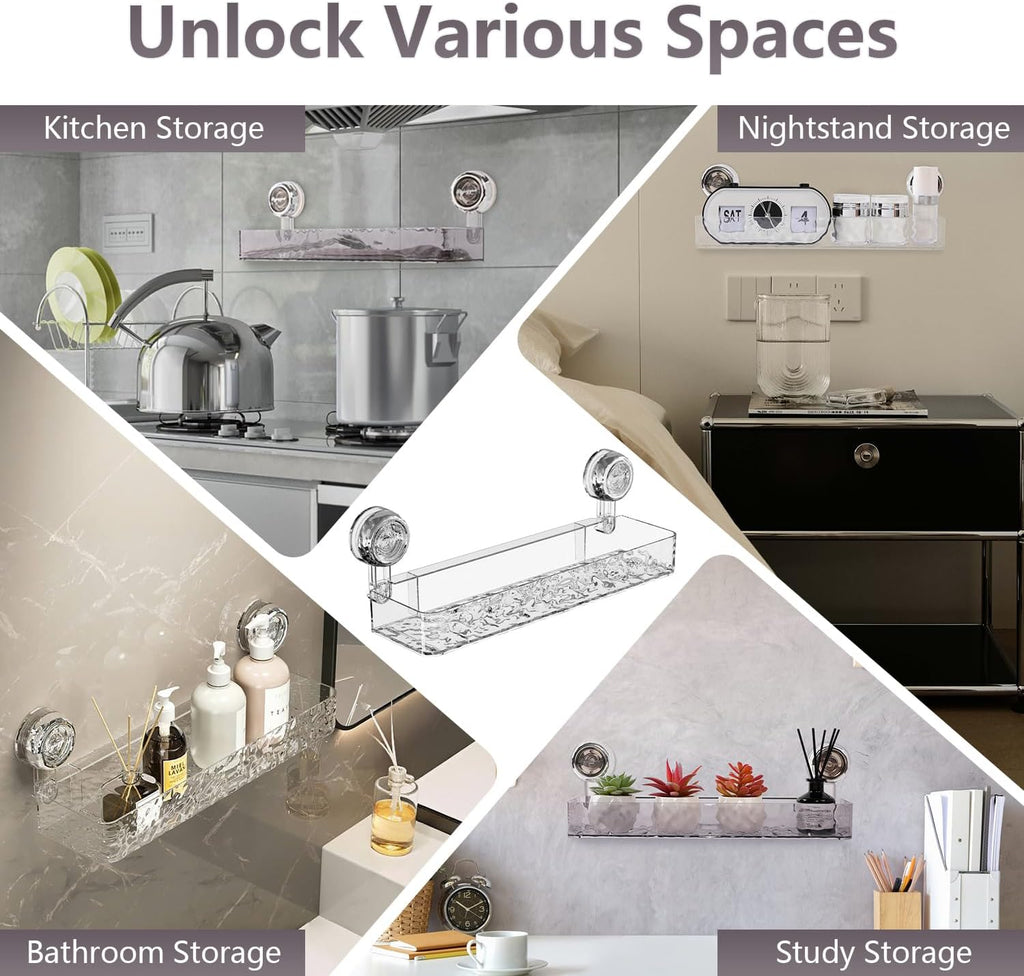 Transparent Suction Cup Bathroom Storage Shelf with Hanging Hooks – No Drill Wall Mounted Organizer Rack