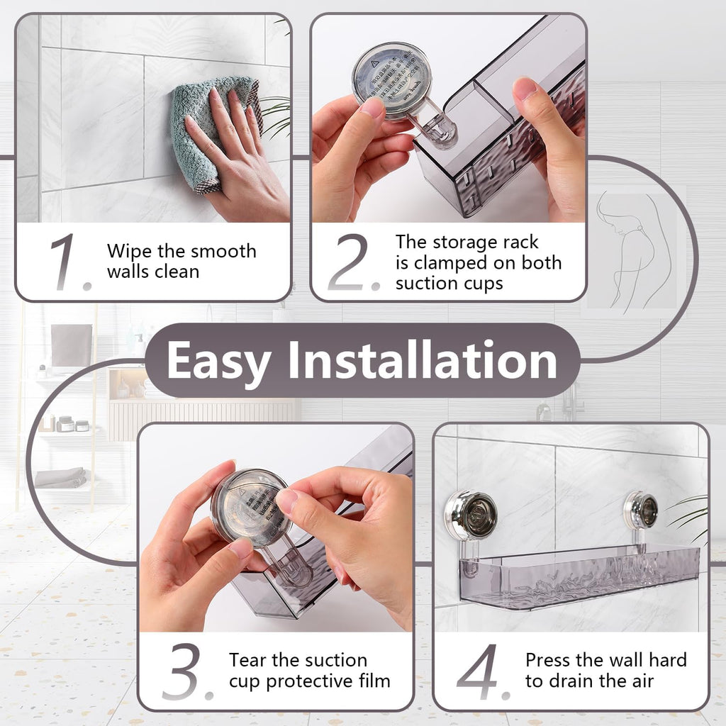 Transparent Suction Cup Bathroom Storage Shelf with Hanging Hooks – No Drill Wall Mounted Organizer Rack