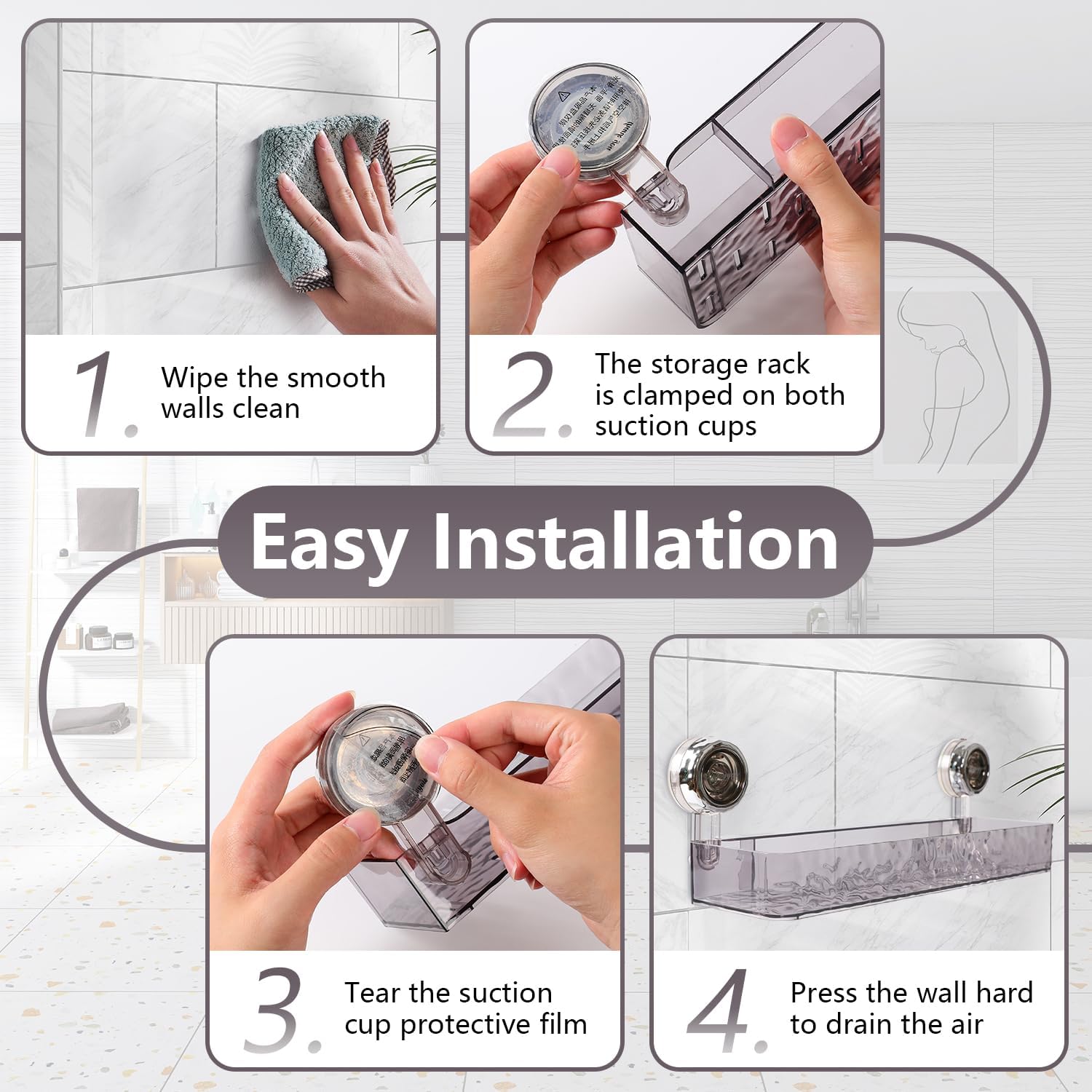 Transparent Suction Cup Bathroom Storage Shelf with Hanging Hooks – No Drill Wall Mounted Organizer Rack