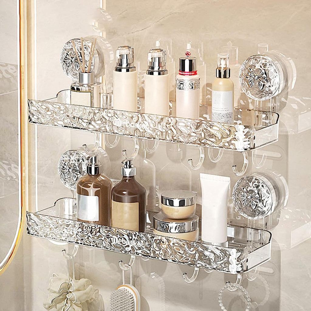 Transparent Suction Cup Bathroom Storage Shelf with Hanging Hooks – No Drill Wall Mounted Organizer Rack