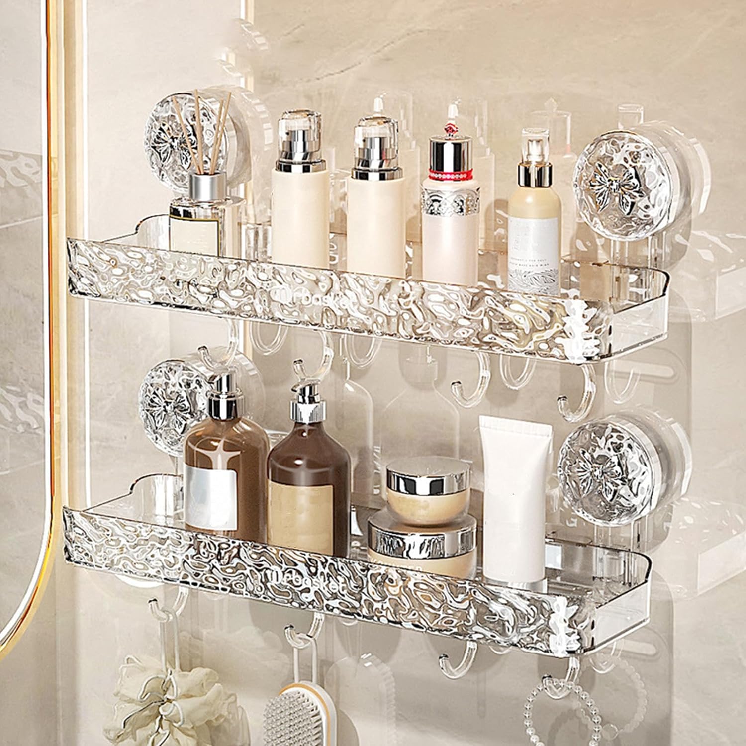 Transparent Suction Cup Bathroom Storage Shelf with Hanging Hooks – No Drill Wall Mounted Organizer Rack