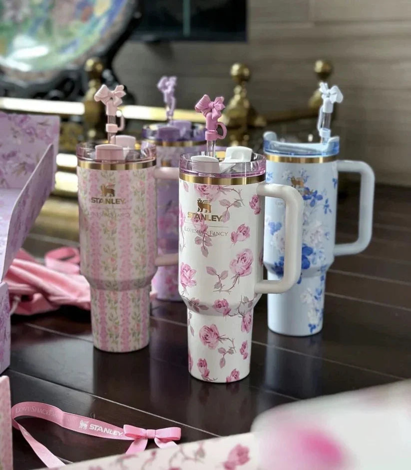 Floral 40oz / 1.18L Stainless Steel Vacuum Insulated Tumbler with Handle & Bow Straw | Gift Packaging