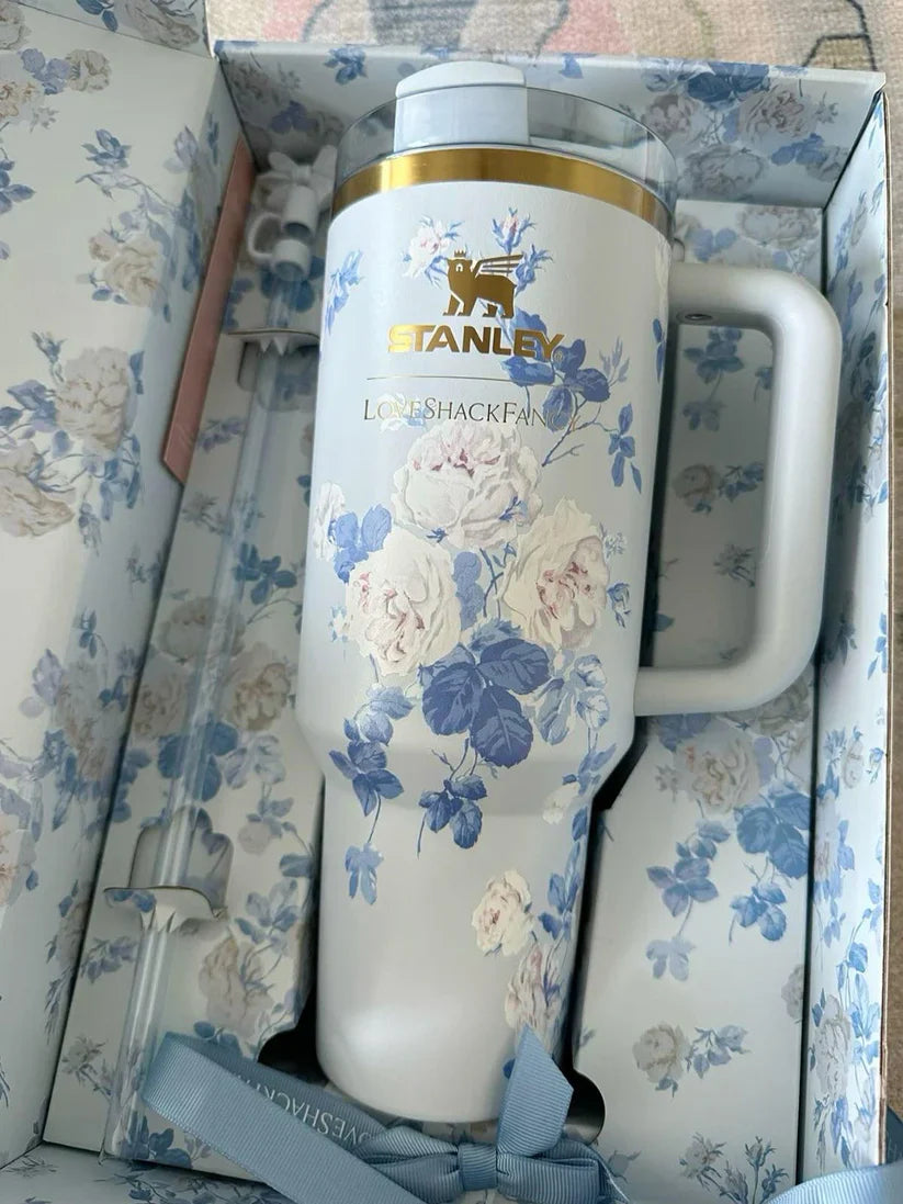 Floral 40oz / 1.18L Stainless Steel Vacuum Insulated Tumbler with Handle & Bow Straw | Gift Packaging
