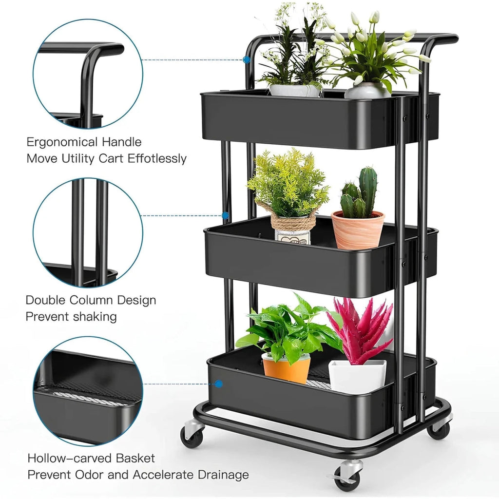 3-Tier Metal Rolling Storage Cart - Multipurpose Organizer