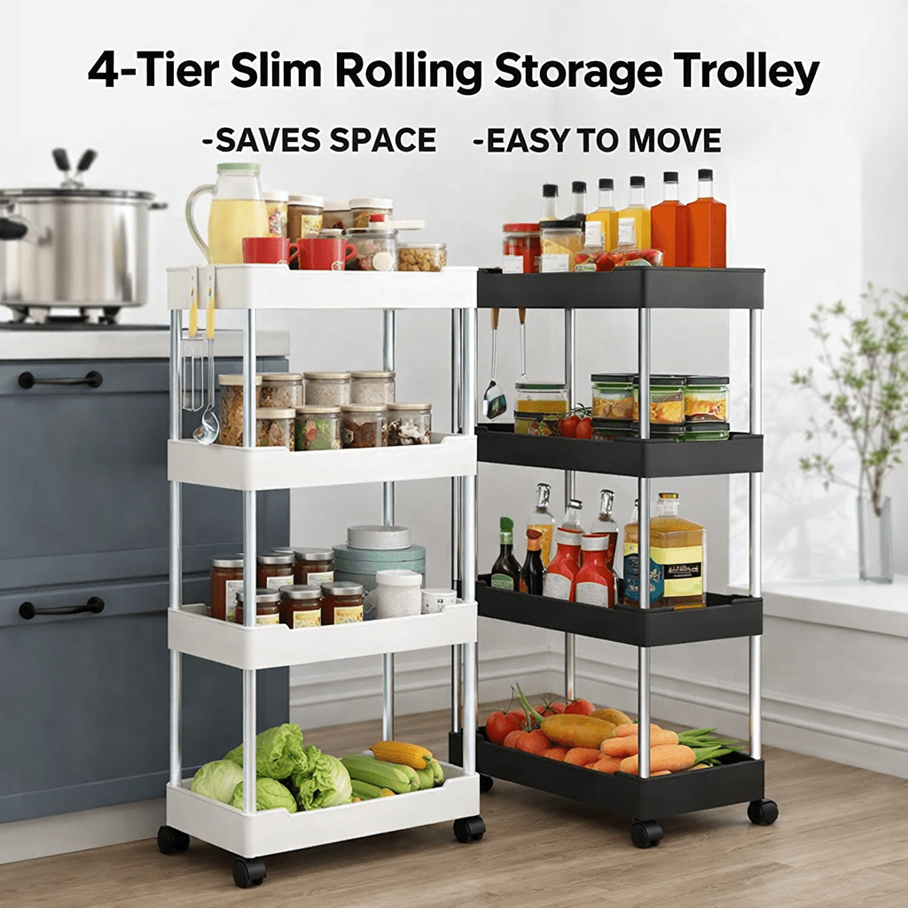4-Tier Slim Rolling Storage Trolley - Organizer Rack Pakistan