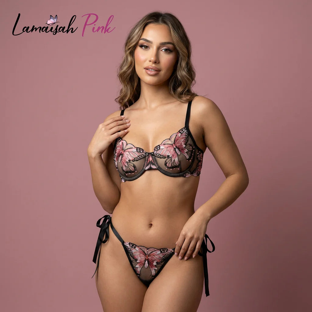 Coral Butterfly Bow Tie Net Bra Set 🦩🩰🍂