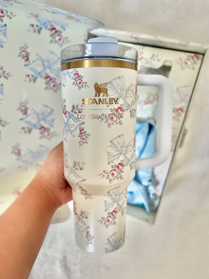 Floral 40oz / 1.18L Stainless Steel Vacuum Insulated Tumbler with Handle & Bow Straw | Gift Packaging