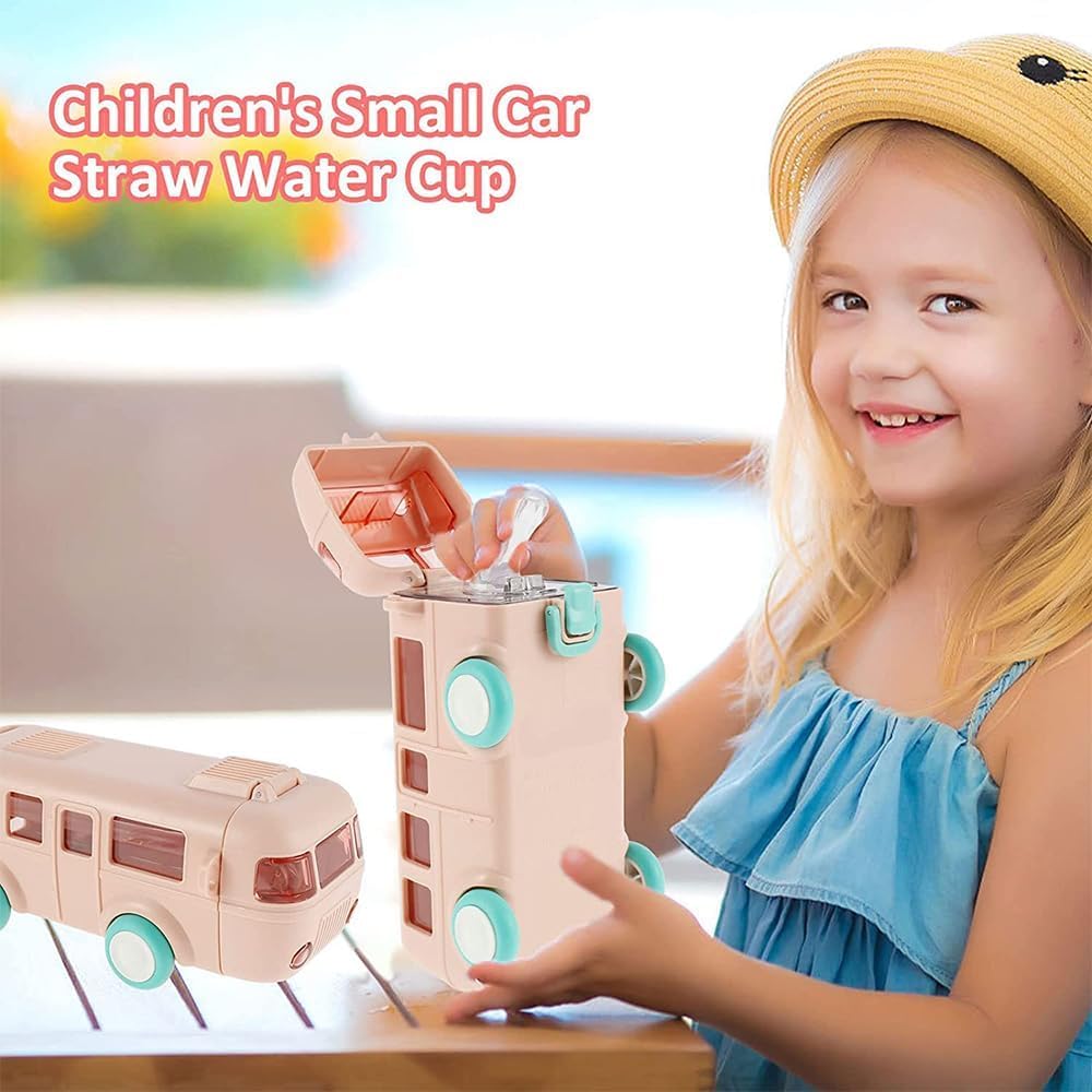 Bus Shape Water Bottle for Kids 500ML – Leakproof Straw Bottle with Carry Strap
