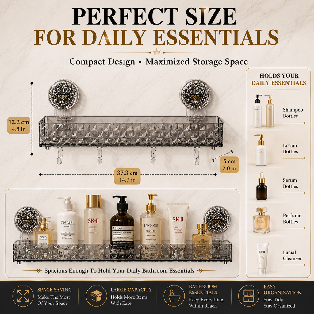 Transparent Suction Cup Bathroom Storage Shelf with Hanging Hooks – No Drill Wall Mounted Organizer Rack
