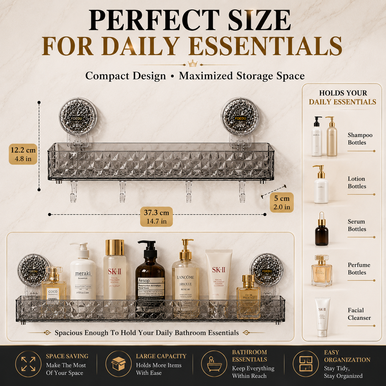 Transparent Suction Cup Bathroom Storage Shelf with Hanging Hooks – No Drill Wall Mounted Organizer Rack
