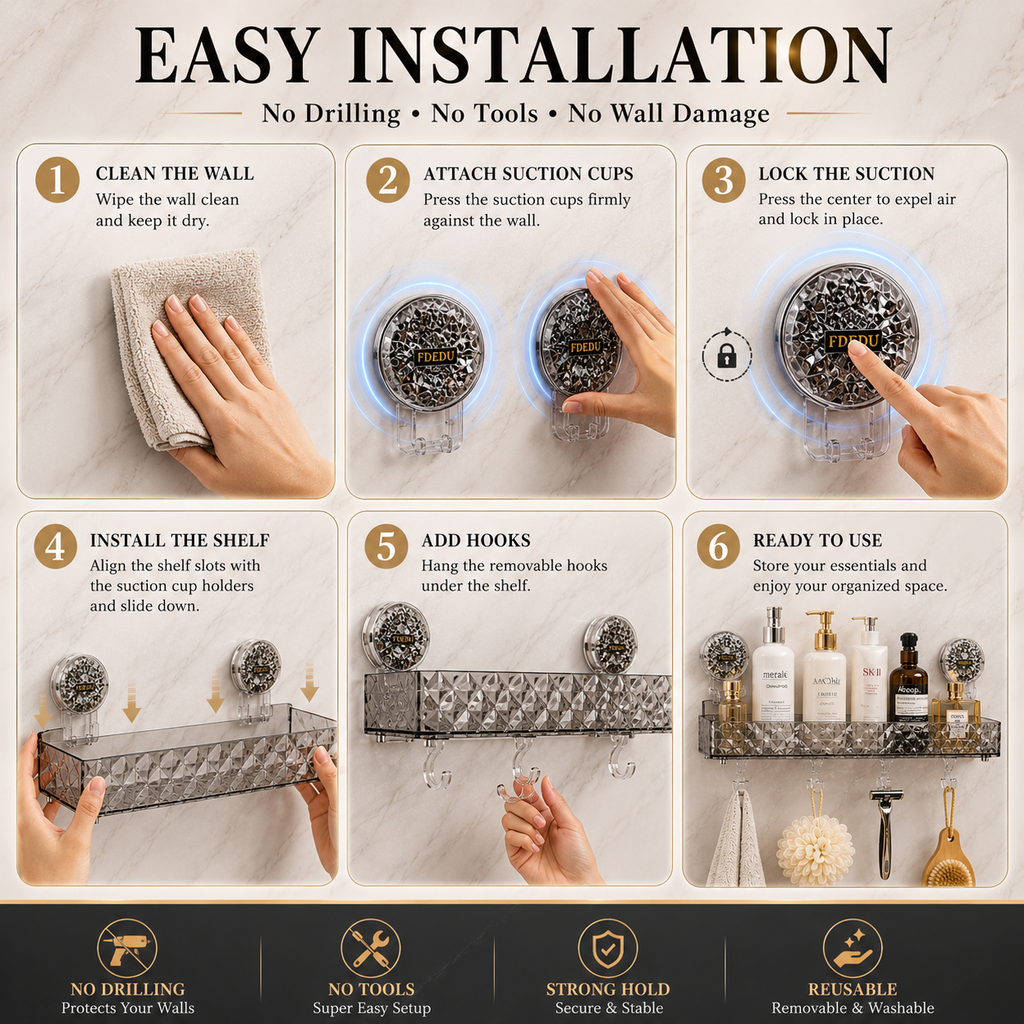 Transparent Suction Cup Bathroom Storage Shelf with Hanging Hooks – No Drill Wall Mounted Organizer Rack