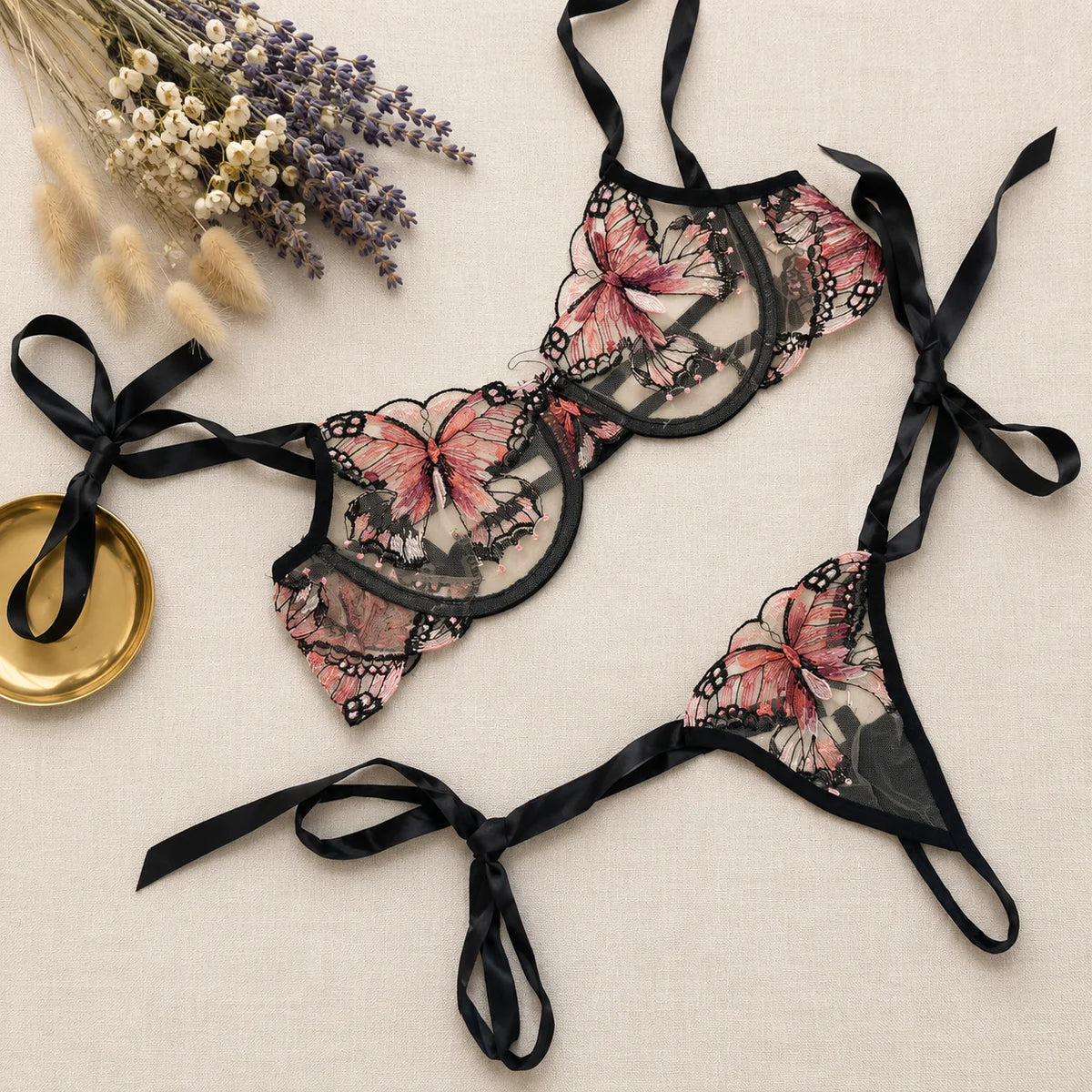 Coral Butterfly Bow Tie Net Bra Set 🦩🩰🍂