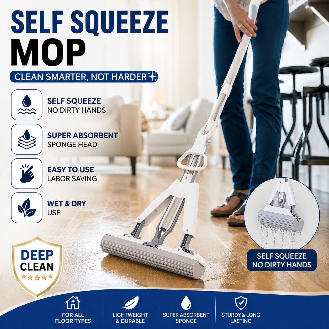 Super Absorbent Self Squeeze Sponge Mop - Clean Floors Fast