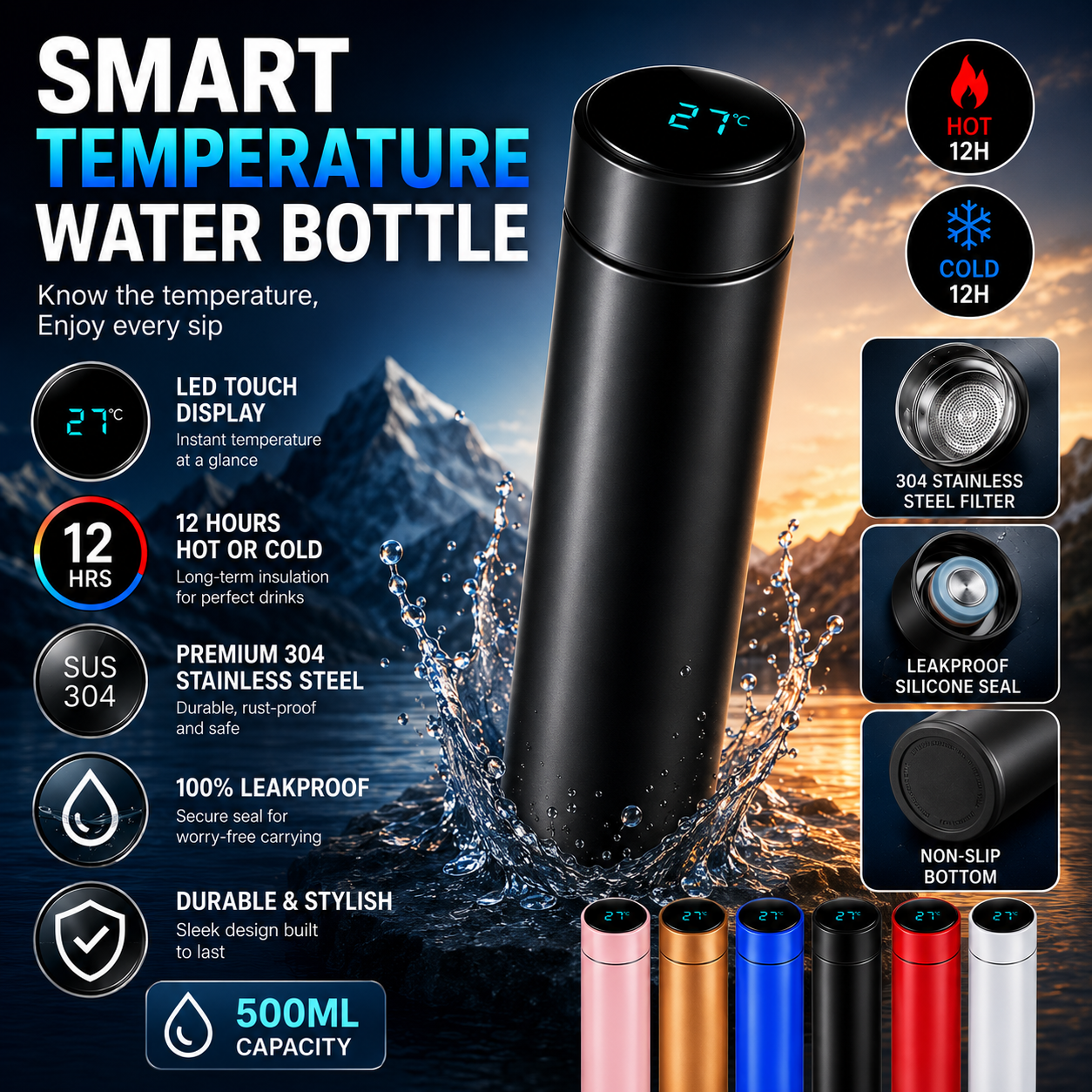 Smart Water Bottle with LED Temperature Display – Stainless Steel Flask – 500ML