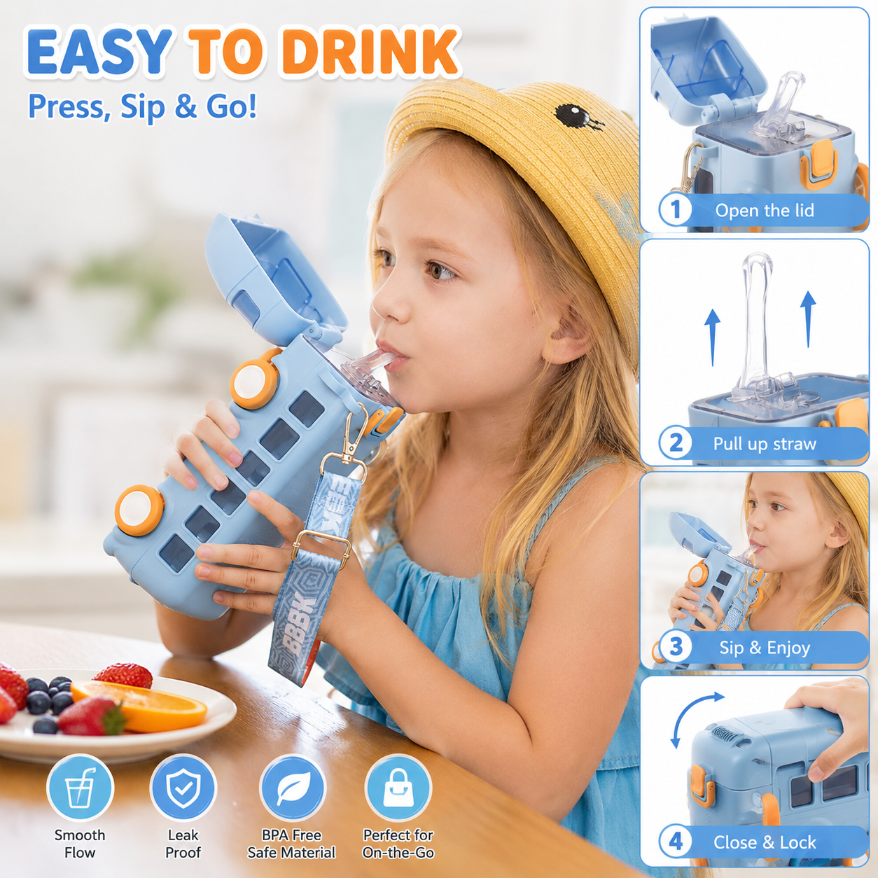 Bus Shape Water Bottle for Kids 500ML – Leakproof Straw Bottle with Carry Strap