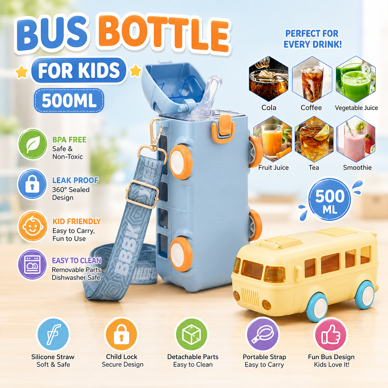 Bus Shape Water Bottle for Kids 500ML – Leakproof Straw Bottle with Carry Strap