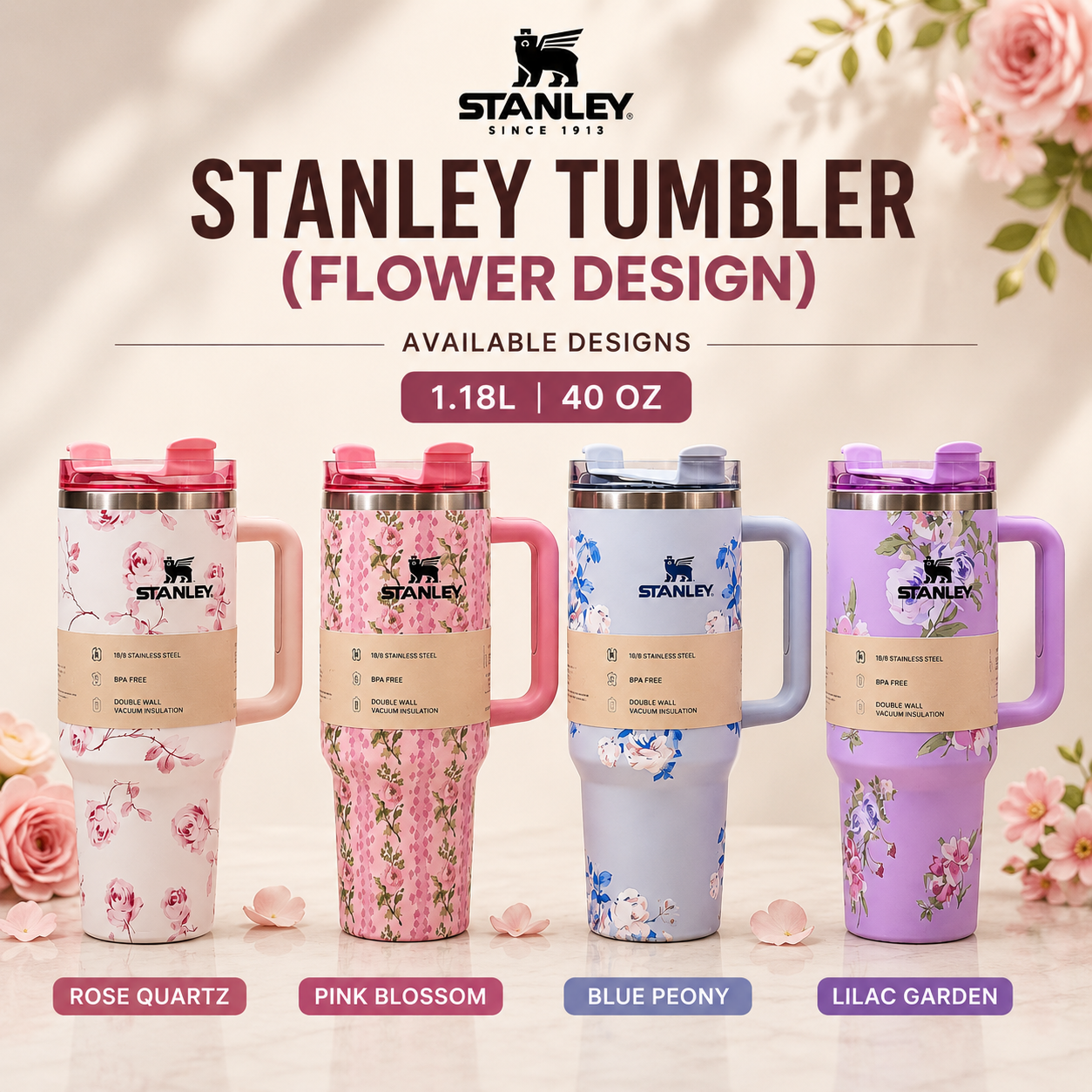 Floral 40oz / 1.18L Stainless Steel Vacuum Insulated Tumbler with Handle & Straw