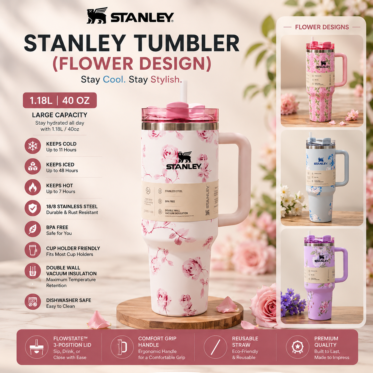 Floral 40oz / 1.18L Stainless Steel Vacuum Insulated Tumbler with Handle & Straw