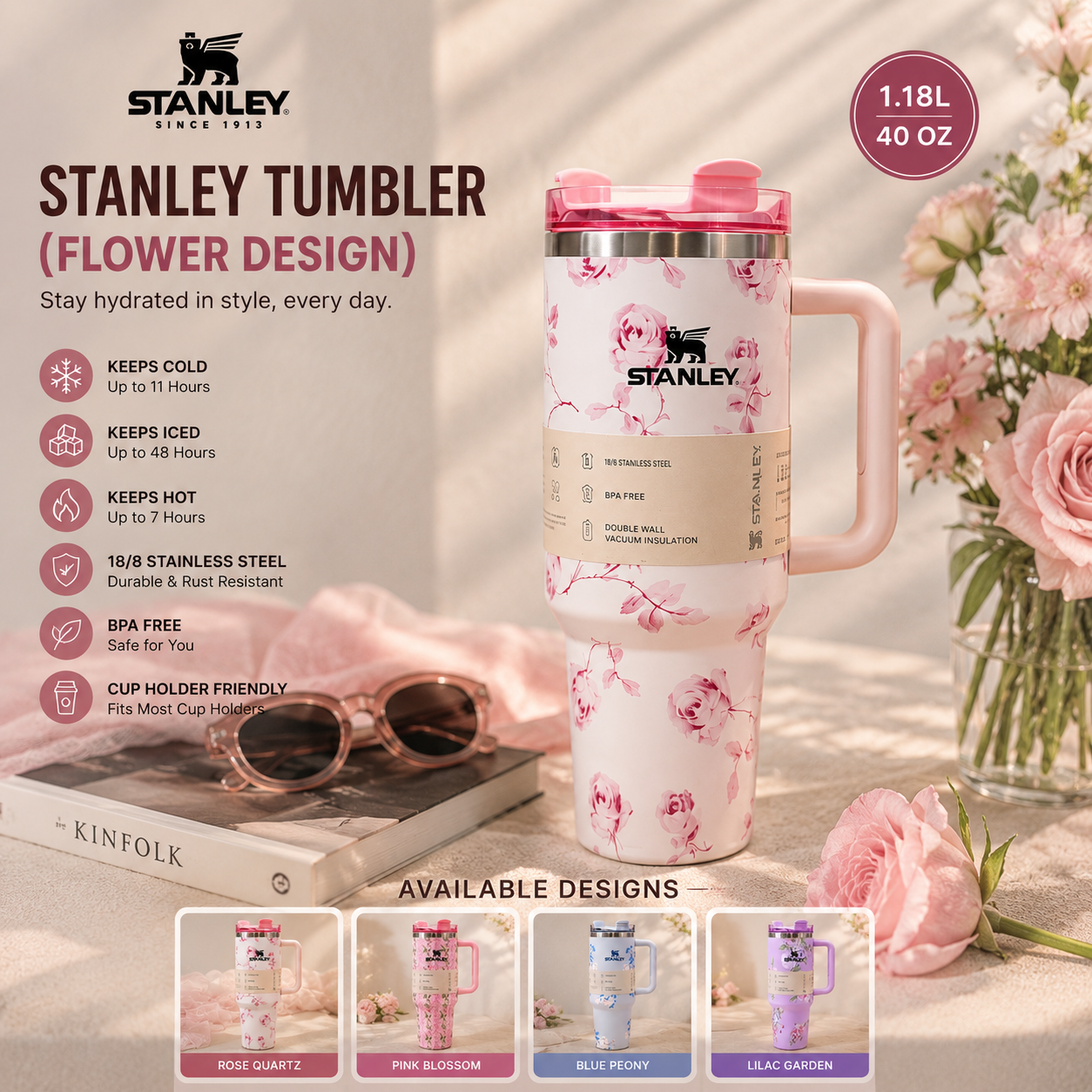 Floral 40oz / 1.18L Stainless Steel Vacuum Insulated Tumbler with Handle & Straw