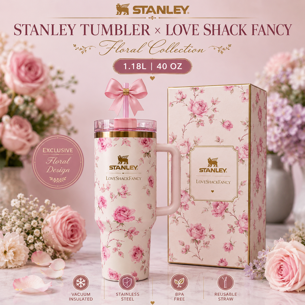Floral 40oz / 1.18L Stainless Steel Vacuum Insulated Tumbler with Handle & Bow Straw | Gift Packaging