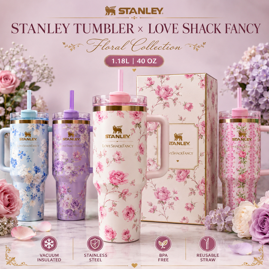 Floral 40oz / 1.18L Stainless Steel Vacuum Insulated Tumbler with Handle & Bow Straw | Gift Packaging
