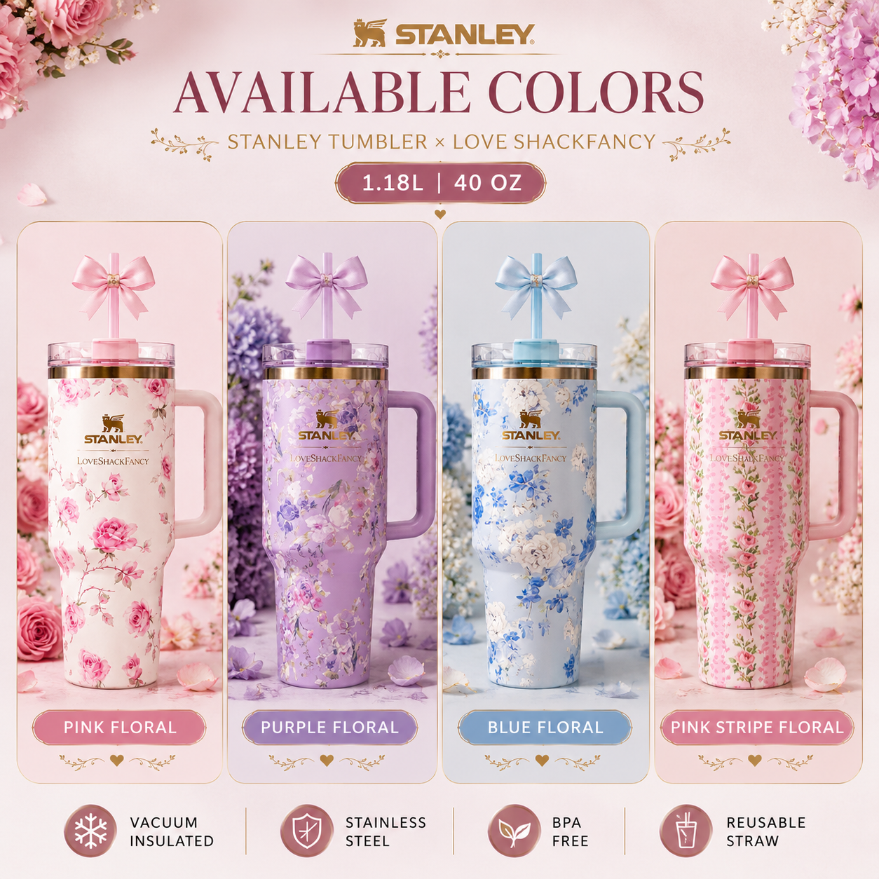 Floral 40oz / 1.18L Stainless Steel Vacuum Insulated Tumbler with Handle & Bow Straw | Gift Packaging