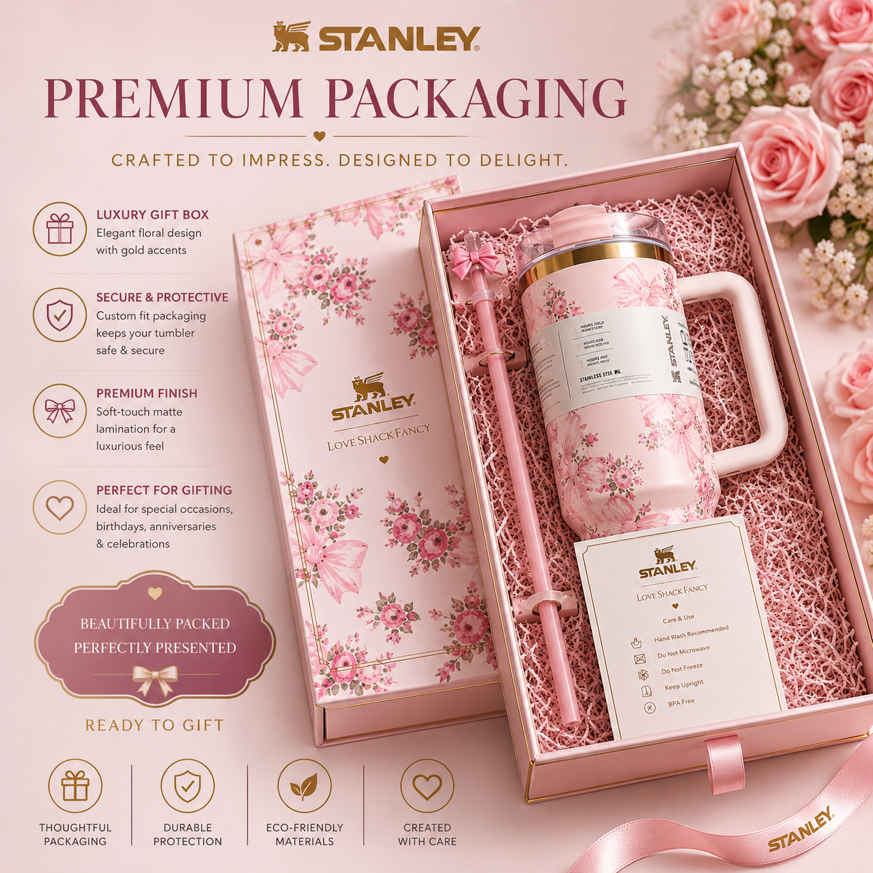 Floral 40oz / 1.18L Stainless Steel Vacuum Insulated Tumbler with Handle & Bow Straw | Gift Packaging