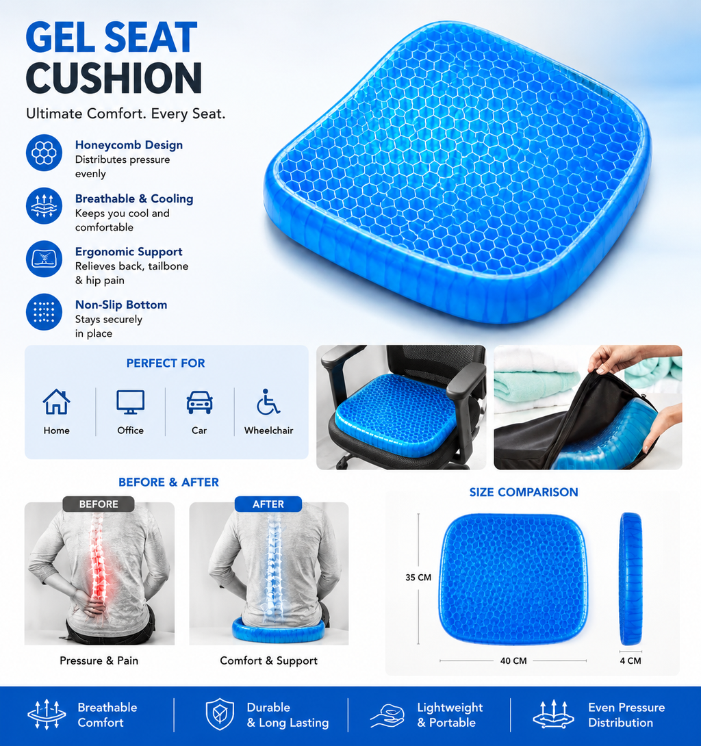 Gel Seat Cushion for Long Sitting | Orthopedic Honeycomb Cushion for Office, Car & Home