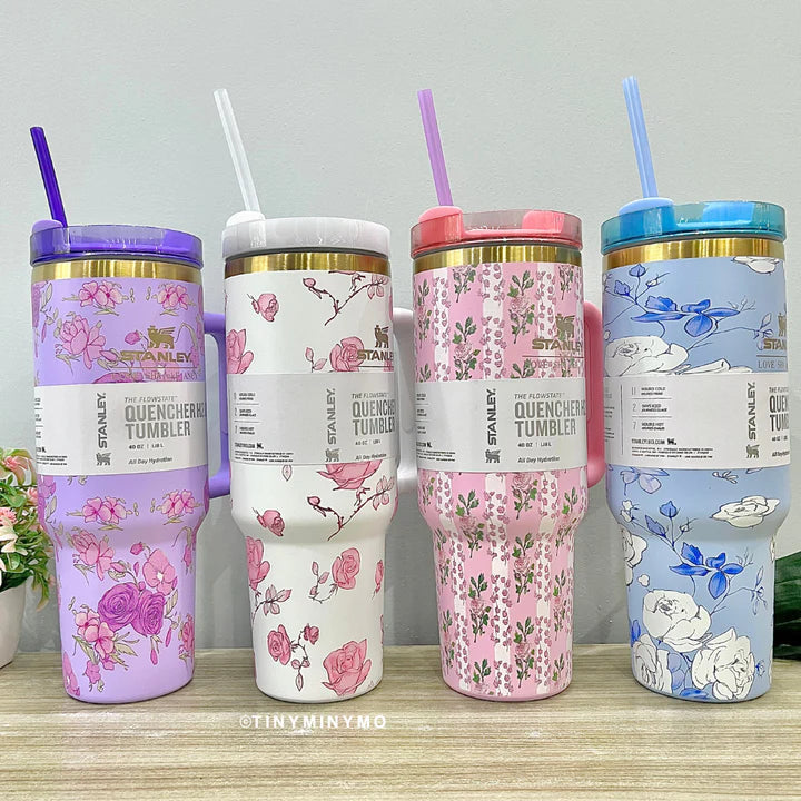 Floral 40oz / 1.18L Stainless Steel Vacuum Insulated Tumbler with Handle & Bow Straw | Gift Packaging