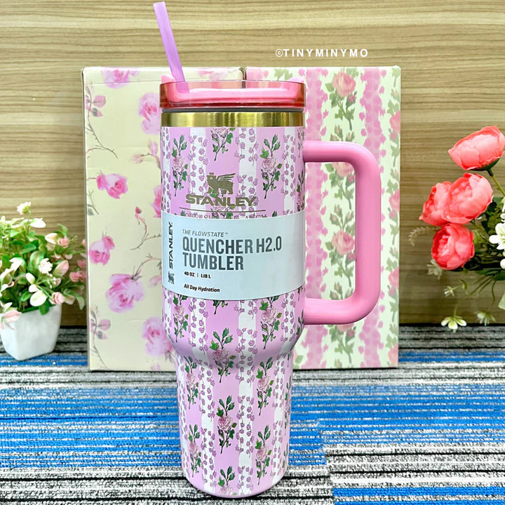 Floral 40oz / 1.18L Stainless Steel Vacuum Insulated Tumbler with Handle & Bow Straw | Gift Packaging