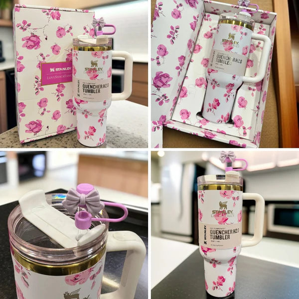 Floral 40oz / 1.18L Stainless Steel Vacuum Insulated Tumbler with Handle & Bow Straw | Gift Packaging