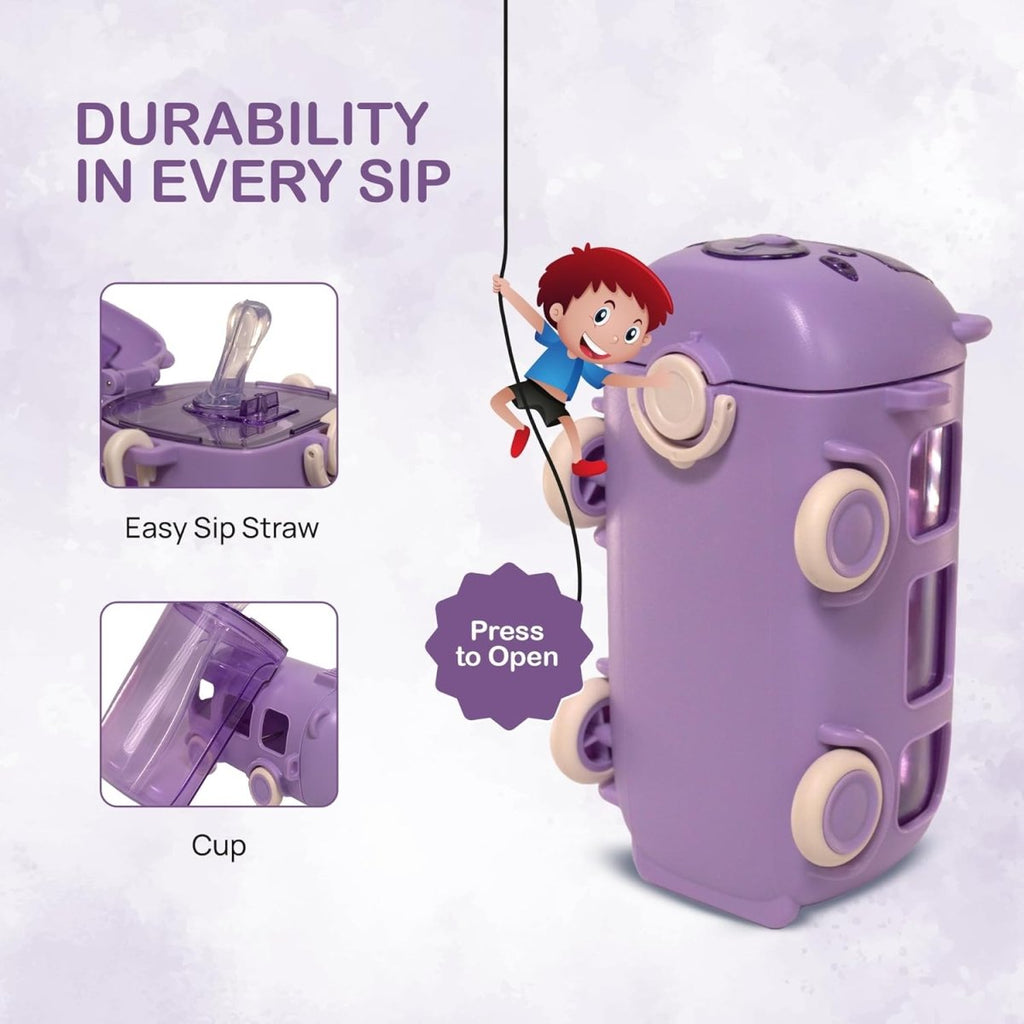 Bus Shape Water Bottle for Kids 500ML – Leakproof Straw Bottle with Carry Strap